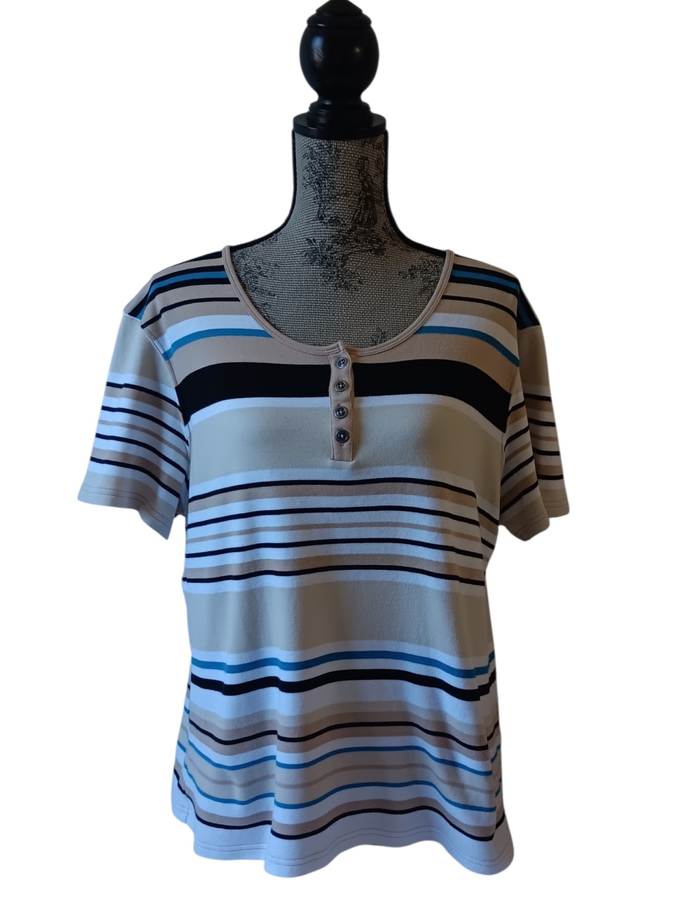 Coral Bay Men's Striped Short-Sleeve Tee in Beige, Black & Blue
